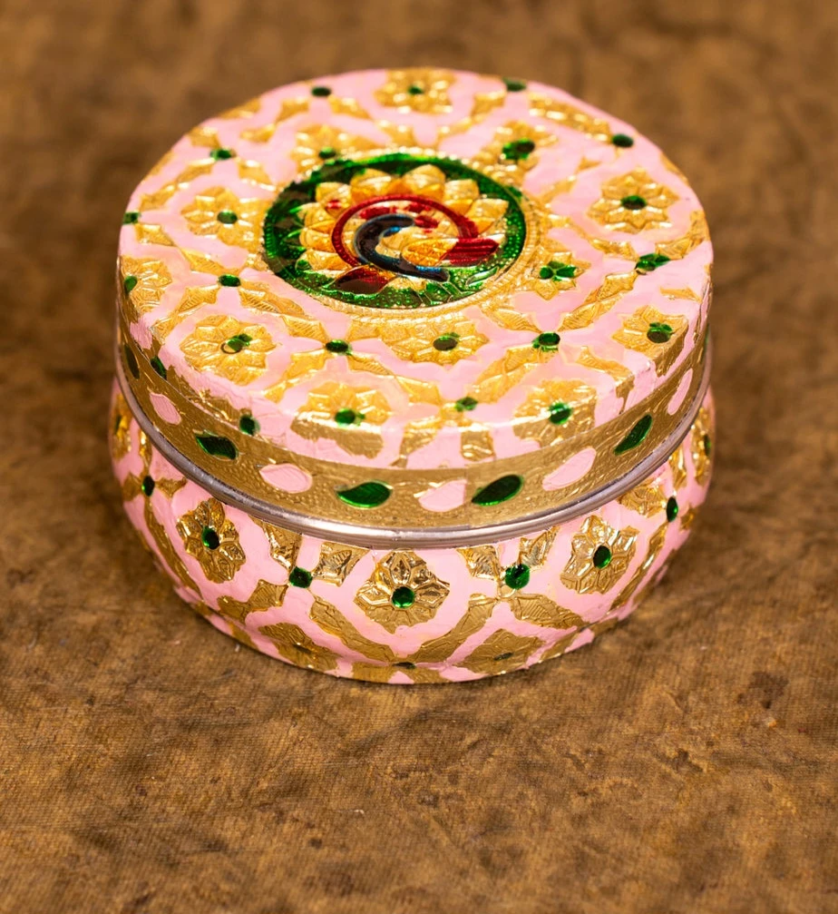 Pink Meenakari design steel box - 3